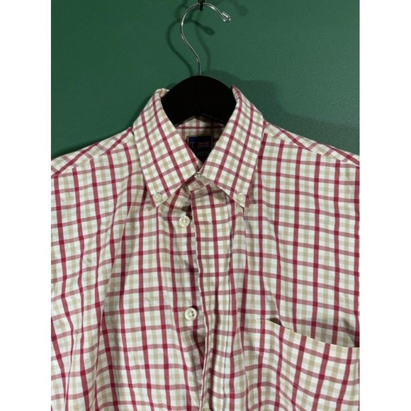 T. Harris London - Men's Red/Beige/White Plaid Short Sleeve Button Down - Size M - Picture 2 of 6